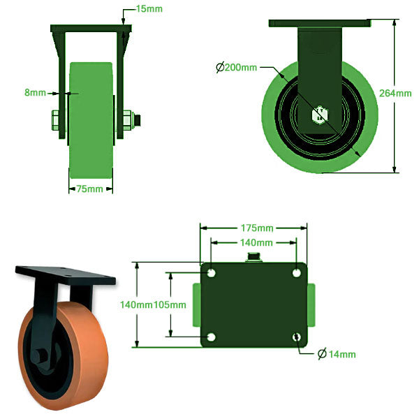 Light Gray 200mm Ultra Heavy Duty Swivel, Fixed & Braked Castor With 4 Bolt Fixing Plate 1400kg Load Capacity