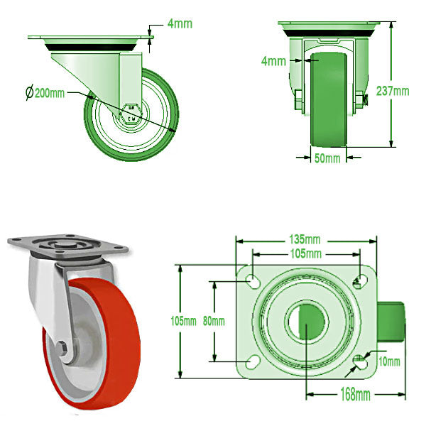 Dark Olive Green 200mm Swivel, Fixed & Braked Castors with Red Polyurethane Tyred Roller Bearing Bore Wheel & Total Stop Brake Option 350Kg Load Capacity