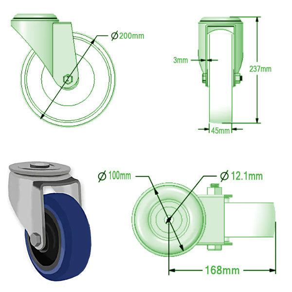 Light Gray 200mm Swivel & Braked Castors with Blue Elastic Rubber Tyred Wheel Nylon Centre & Roller Bearing 350kg Load Capacity