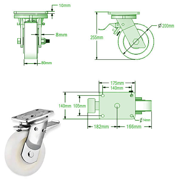 Beige 200mm Ultra Heavy Duty Swivel & Braked Castors with Cast Nylon Bal Bearing 2000kg Load