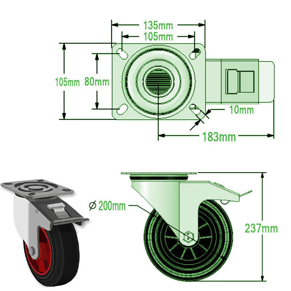 Black 200mm Swivel, Fixed & Braked Castors with Black Rubber Tyred Wheel Plastic center 205kg Load Capacity