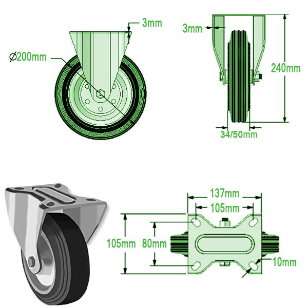 Light Gray 200mm Swivel, Fixed & Braked Castors with Black Rubber Tyred Wheel Steel Center 205kg Load Capacity