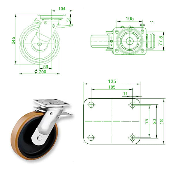 Beige 200mm Extra Heavy Duty Swivel, Fixed & Braked Castor Polyurethane / Cast Iron Wheel 1000kg Load Capacity