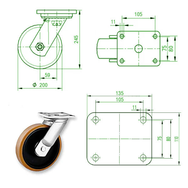 Dark Slate Gray 200mm Extra Heavy Duty Swivel, Fixed & Braked Castor Polyurethane / Cast Iron Wheel 1000kg Load Capacity