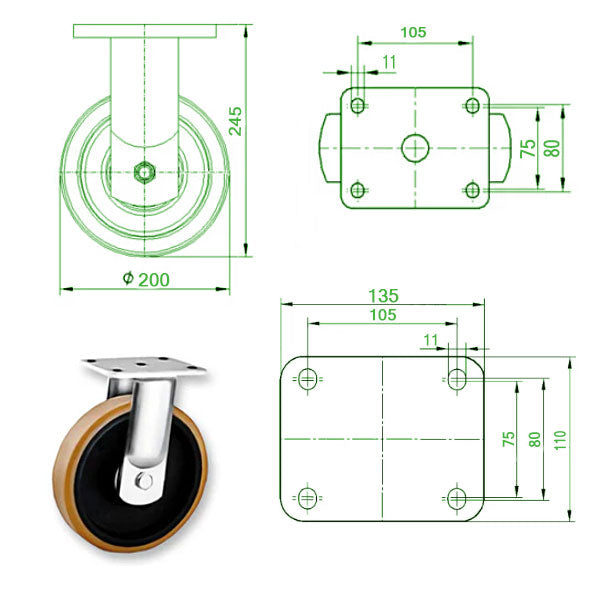 Beige 200mm Extra Heavy Duty Swivel, Fixed & Braked Castor Polyurethane / Cast Iron Wheel 1000kg Load Capacity