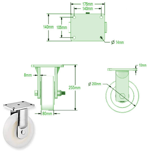 Light Gray 200mm Ultra Heavy Duty Swivel & Braked Castors with Cast Nylon Bal Bearing 2000kg Load