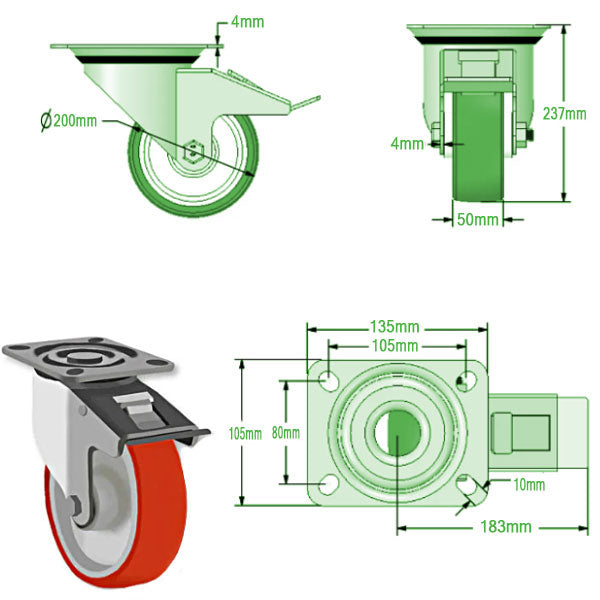 Light Gray 200mm Swivel, Fixed & Braked Castors with Red Polyurethane Tyred Roller Bearing Bore Wheel & Total Stop Brake Option 350Kg Load Capacity