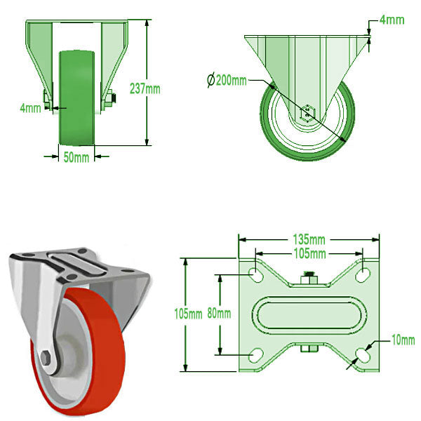 Light Gray 200mm Swivel, Fixed & Braked Castors with Red Polyurethane Tyred Roller Bearing Bore Wheel & Total Stop Brake Option 350Kg Load Capacity