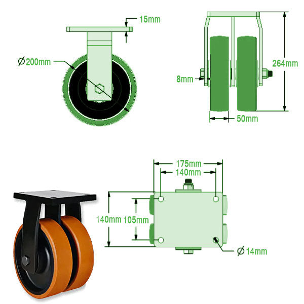 Light Gray 200mm Ultra Heavy Duty Double Castor with Polyurethane / Cast Iron Wheels 2000KG Load Capacity