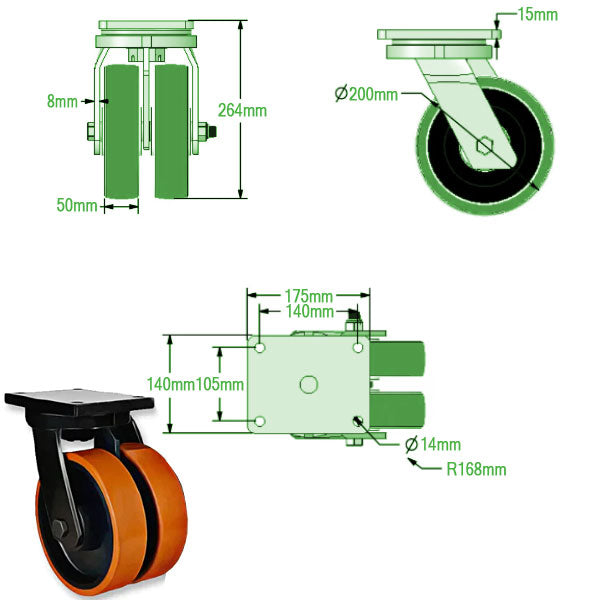 Light Gray 200mm Ultra Heavy Duty Double Castor with Polyurethane / Cast Iron Wheels 2000KG Load Capacity