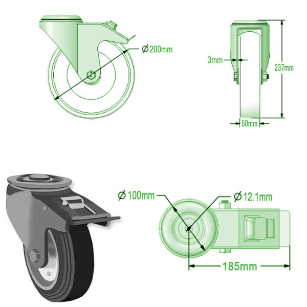 Light Gray 200mm Swivel & Braked Castors with Black Rubber Tyred Wheel Steel Centre, Single Bolt Fixing 205kg Load Capacity