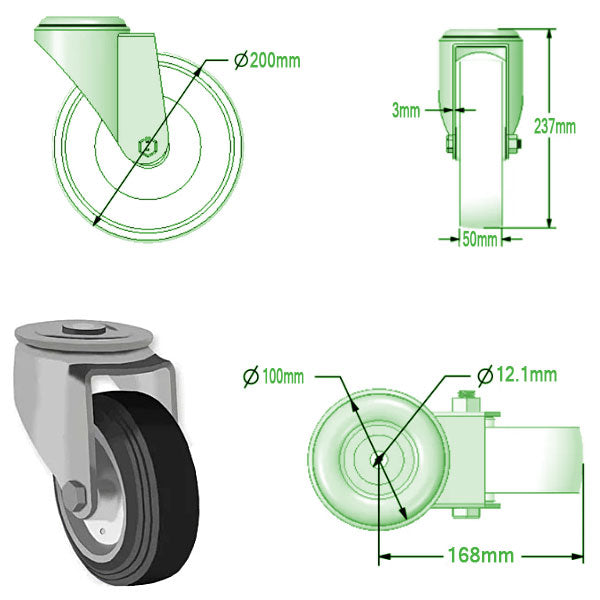 Light Gray 200mm Swivel & Braked Castors with Black Rubber Tyred Wheel Steel Centre, Single Bolt Fixing 205kg Load Capacity