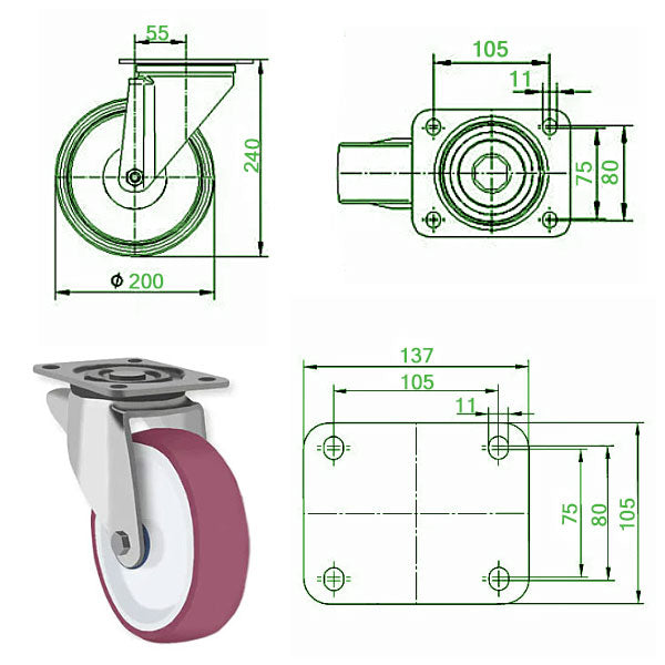 Dark Slate Gray 200mm Stainless Steel Swivel, Fixed Braked Castor with Polyurethane Wheel 400kg Load Capacity