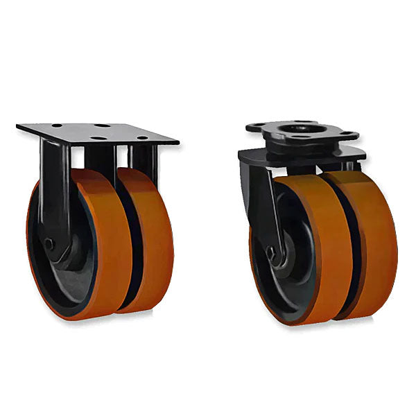 Black 200mm Extra Heavy Duty Twin Polyurethane / Cast Iron Wheel Castors 1500Kg Load Capacity