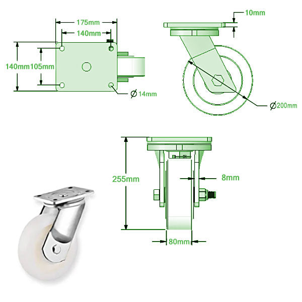 Beige 200mm Ultra Heavy Duty Swivel & Braked Castors with Cast Nylon Bal Bearing 2000kg Load