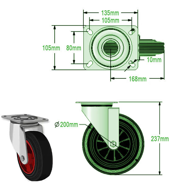 Black 200mm Swivel, Fixed & Braked Castors with Black Rubber Tyred Wheel Plastic center 205kg Load Capacity