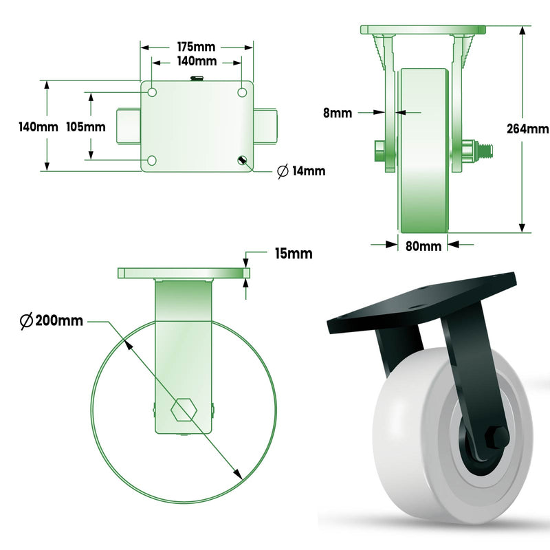 200mm Ultra Heavy Duty Swivel, Fixed & Total Stop Braked Castor With 4 Bolt Fixing Plate 2500kg Load Capacity