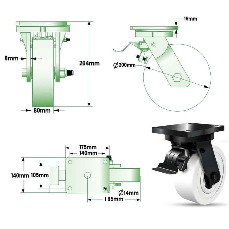 200mm Ultra Heavy Duty Swivel, Fixed & Total Stop Braked Castor With 4 Bolt Fixing Plate 2500kg Load Capacity