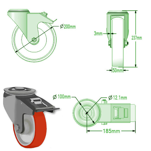 Light Gray 200mm Swivel & Braked Castors with PolyurethaneTyred Wheel Nylon Centre & Roller Bearing, Single Bolt Fixing 350Kg Load Capacity