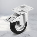 200mm Braked Swivel Castor Black Rubber on Pressed Steel Wheel Roller Bearing Top Plate 205kg Load Capacity 2