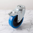 200mm braked bolt hole castor with blue non-marking rubber on polypropylene wheel, top view of the 12mm bolt hole