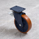 200mm Braked Swivel Castor Orange Polyurethane on Cast Iron Wheel Taper Roller Bearing Top Plate 1000kg Load Capacity 2