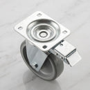 200mm directional lock castor with grey TPR wheel and steel top plate on light grey marble, high angle view