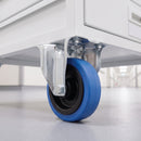 200mm fixed top plate castor with blue non-marking rubber wheel under a white hospital equipment trolley