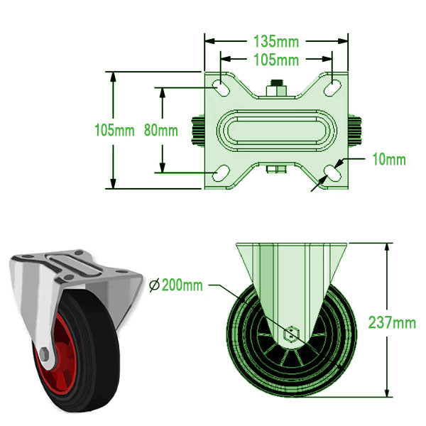 Black 200mm Swivel, Fixed & Braked Castors with Black Rubber Tyred Wheel Plastic center 205kg Load Capacity