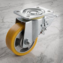200mm Leading Brake Castor Yellow Polyurethane on Aluminium Wheel Ball Bearing Top Plate 800kg Load Capacity 2