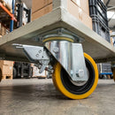 200mm Leading Brake Castor Yellow Polyurethane on Cast Iron Wheel Ball Bearing Top Plate 800kg Load Capacity 1
