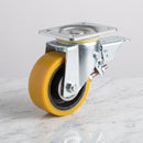 200mm Leading Brake Castor Yellow Polyurethane on Cast Iron Wheel Ball Bearing Top Plate 800kg Load Capacity 2