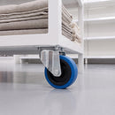 200mm swivel top plate castor with blue non-marking rubber wheel on a mobile retail display stand
