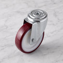 200mm swivel castor with red polyurethane wheel, top view of the 12mm bolt hole
