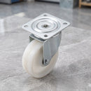200mm swivel castor with white nylon wheel and roller bearing, top plate seen from above with hex socket centre