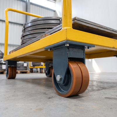 200mm Twin Wheel Fixed Gantry Castor Orange Polyurethane on Cast Iron Wheel Top Plate 2000kg Load Capacity