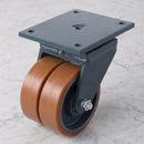200mm Twin Wheel Swivel Gantry Castor Orange Polyurethane on Cast Iron Wheel Top Plate 2000kg Load Capacity 2