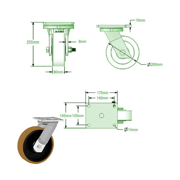 Light Gray 200mm Ultra Heavy Duty Swivel & Braked Castors with Polyurethane on Cast Iron Centre Ball Bearing Bore 1400kg Load