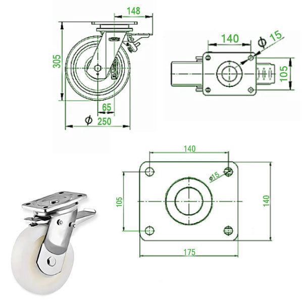 Beige 250mm Ultra Heavy Duty Swivel, Fixed & Total Stop Braked Castor With 4 Bolt Fixing Plate 3000Kg Load Capacity