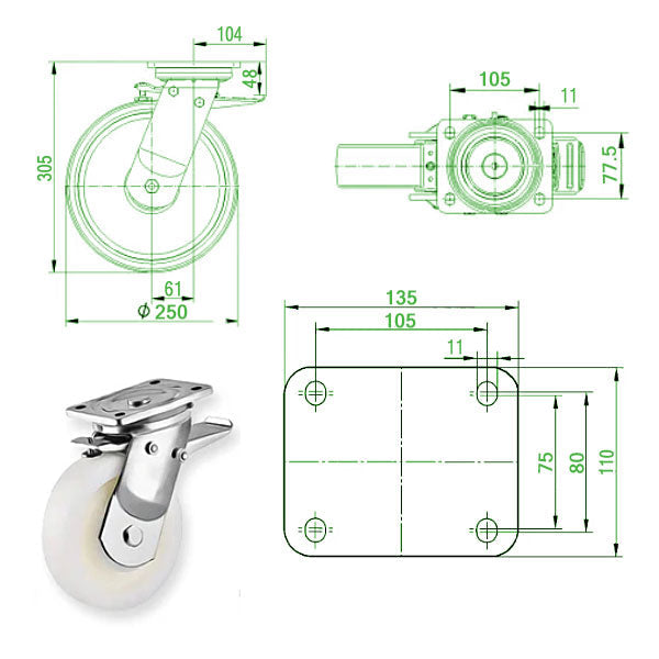 Beige 250mm Extra Heavy Duty Swivel, Fixed & Total Stop Braked Castor With Cast Nylon Wheel & Ball Bearing 1100kg Load Capacity