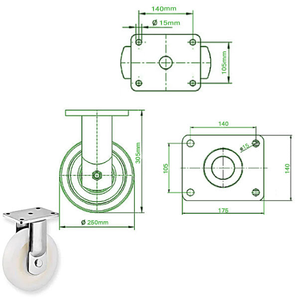 Beige 250mm Ultra Heavy Duty Swivel, Fixed & Total Stop Braked Castor With 4 Bolt Fixing Plate 3000Kg Load Capacity