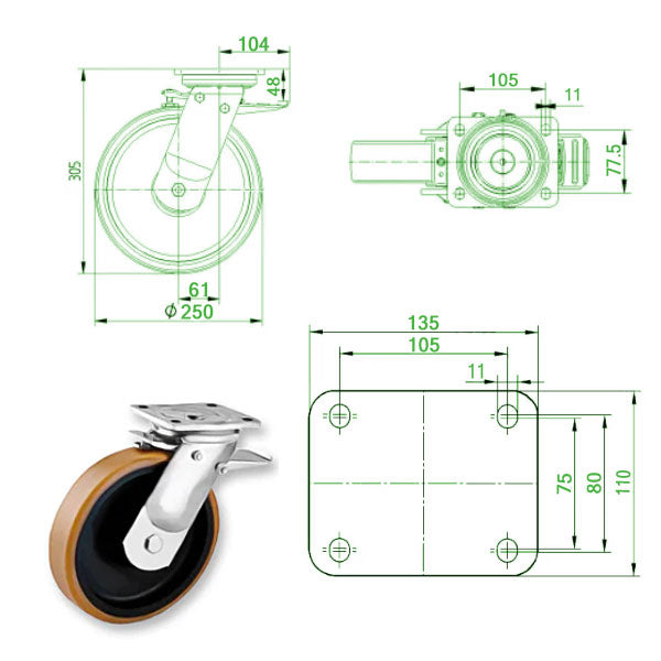 Beige 250mm Extra Heavy Duty Swivel, Fixed & Total Stop Braked Castor Polyurethane / Cast Iron Wheel 1200Kg Load Capacity