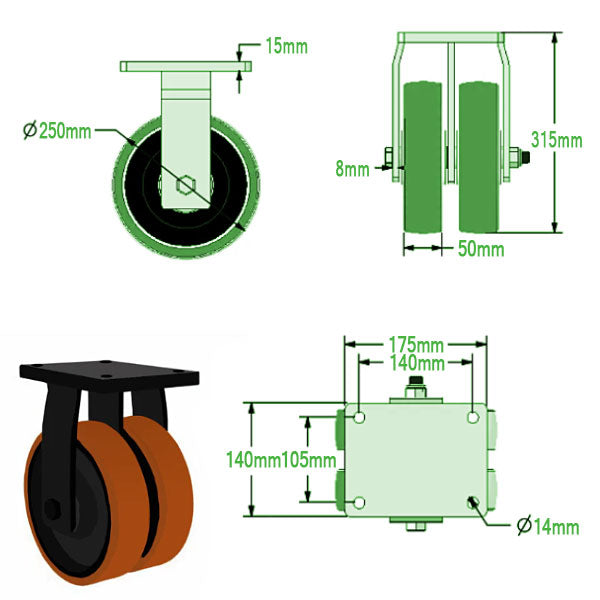 Black 250mm Ultra Heavy Duty Swivel & Fixed Castor With Twin Polyurethane Cast Iron Wheels 2500kg Load Capacity