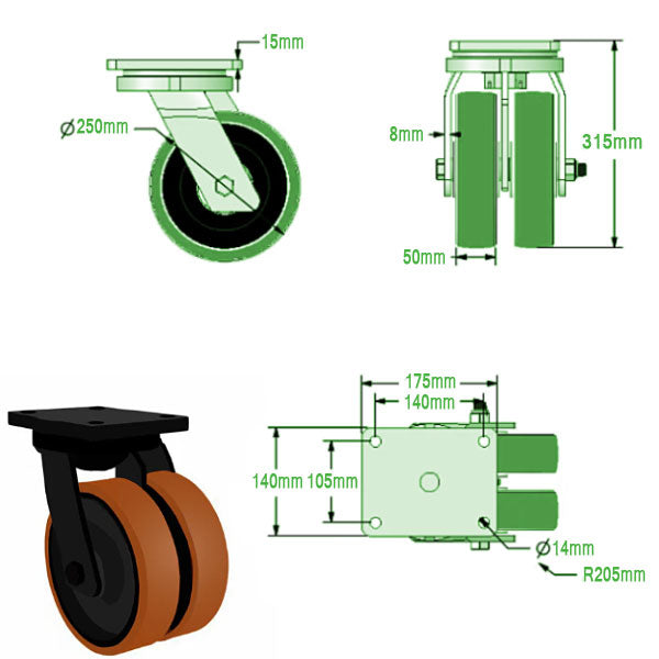 Black 250mm Ultra Heavy Duty Swivel & Fixed Castor With Twin Polyurethane Cast Iron Wheels 2500kg Load Capacity