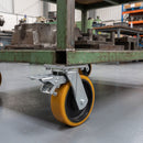 250mm Braked Swivel Castor Yellow Polyurethane on Cast Iron Wheel Top Plate