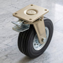 250mm Directional Lock and Leading Brake Castor Black Elastic Rubber Wheel Ribbed Tread Ball Bearing Top Plate 600kg Load Capacity 2