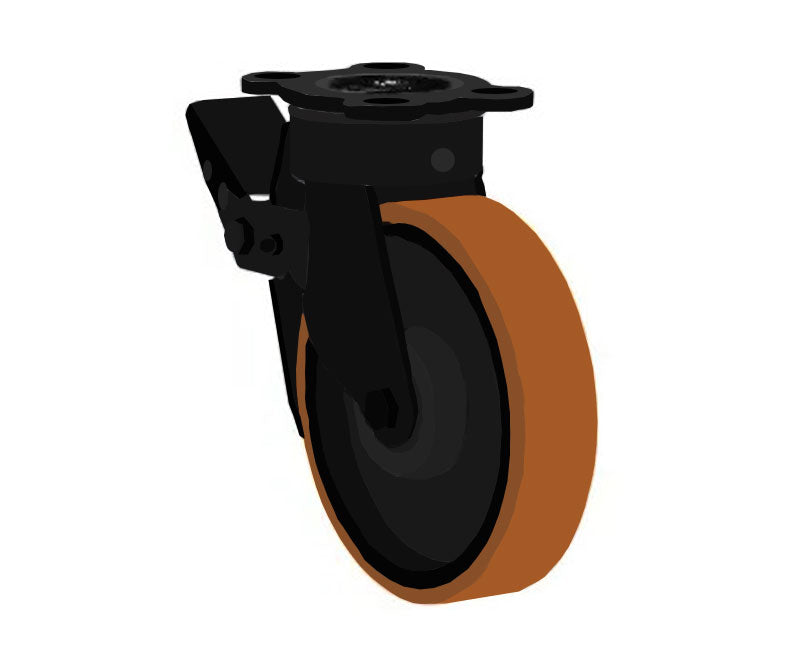 Sienna 200mm Extra Heavy Duty Total Stop Braked Castor with Biscuit Colour Polyurethane / Cast Iron Wheel (1000Kg) - 4 Bolt Fitting plate