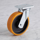 250mm Swivel Fabricated Castor Yellow Polyurethane on Cast Iron Wheel Ball Bearing 138 x 110mm Top Plate 1400kg Load Capacity 2