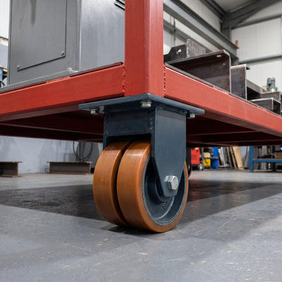 250mm Twin Wheel Fixed Gantry Castor Orange Polyurethane on Cast Iron Wheel Top Plate 3500kg Load Capacity