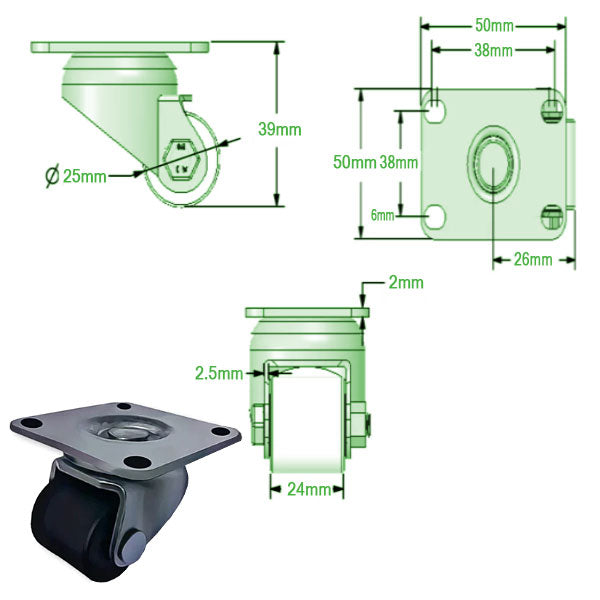 Light Gray 25mm Heavy Duty Swivel Castors Solid Nylon Wheel 60kg Load Capacity